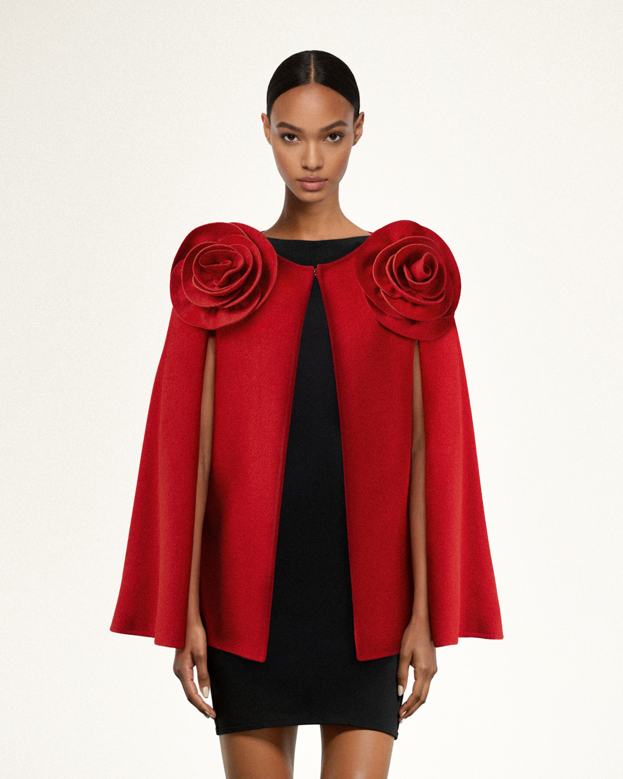 Manteau Cape Clara avec Appliques Florales - Rouge