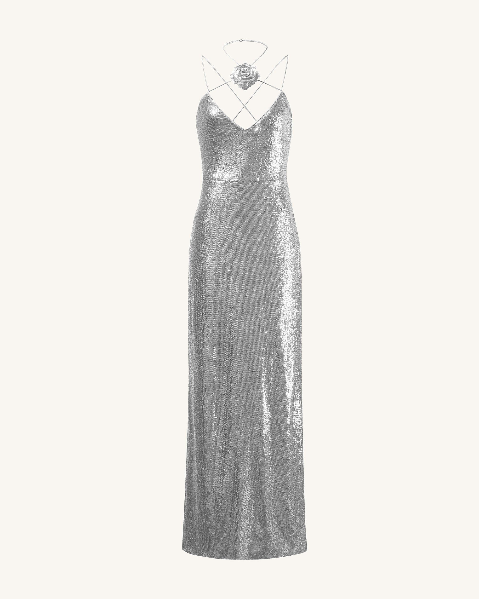 Robe longue argentée Heisey avec paillettes et rosettes - Argent - E-SHOP  OFFICIEL JW PEI FR